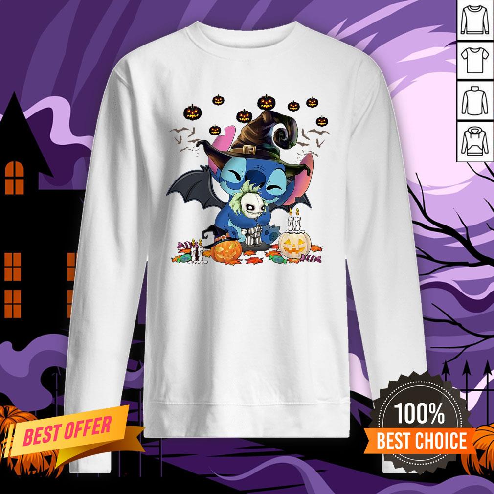 Stitch Witch Hug Jack Skellington Halloween Pumpkin Shirt - Image 4