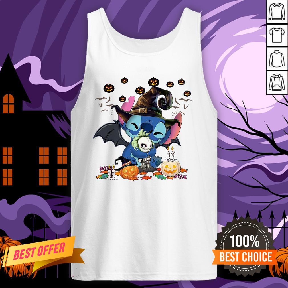 Stitch Witch Hug Jack Skellington Halloween Pumpkin Shirt - Image 3
