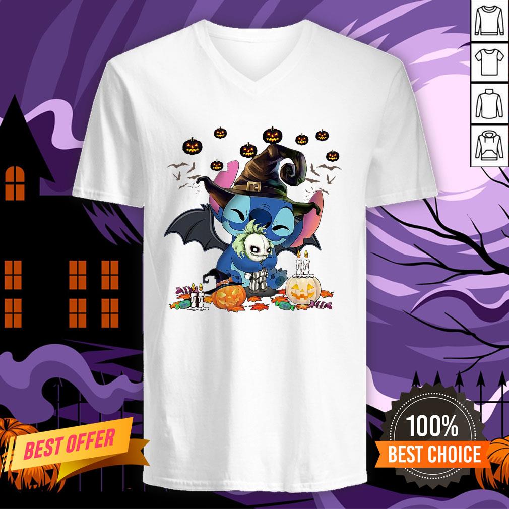 Stitch Witch Hug Jack Skellington Halloween Pumpkin Shirt - Image 2