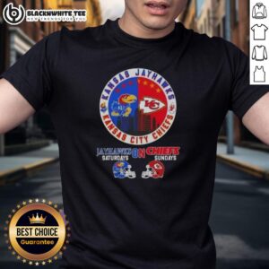Nice Kansas Sports Jayhawks Saturdays On Chiefs Sundays Helmets Football T-Shirt