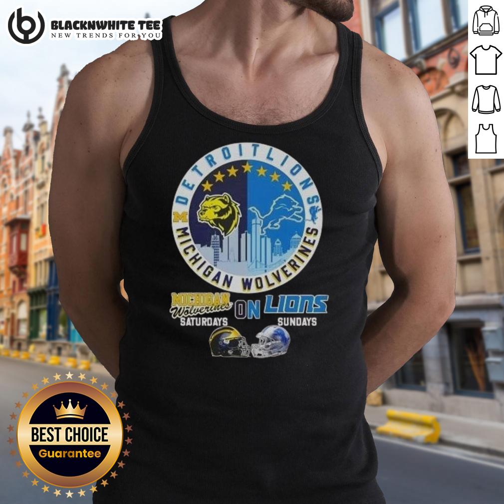 Nice Michigan Wolverines Saturdays On Detroit Lions Sundays Helmets Skyline T-Shirt - Image 4