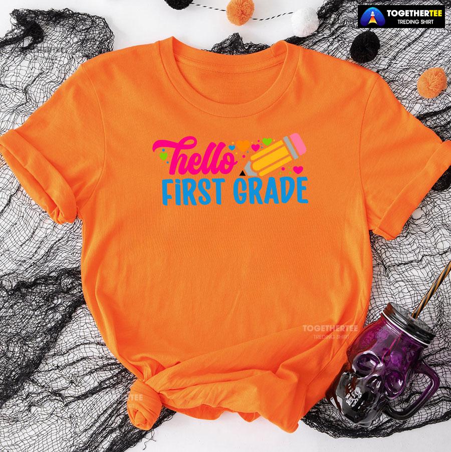 Hello First Grade 1st Grade Student Pencil Colorful Hearts Back To School T-Shirt - Image 10