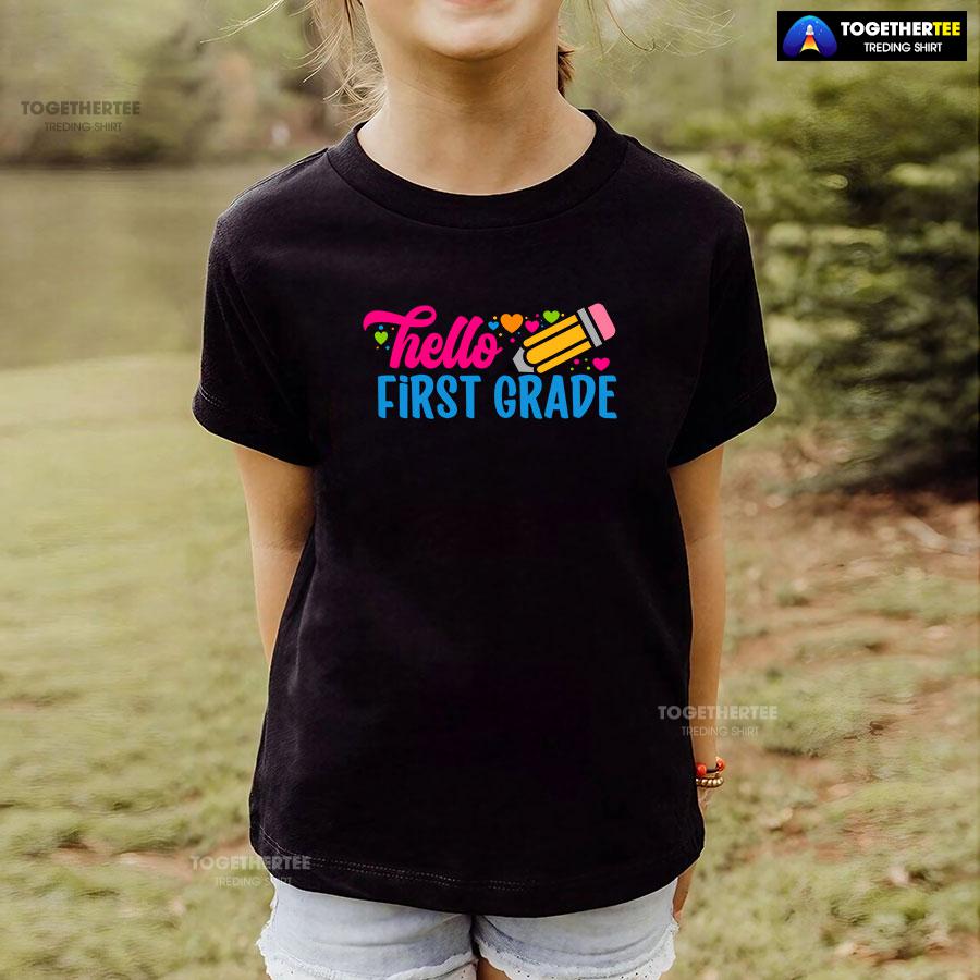 Hello First Grade 1st Grade Student Pencil Colorful Hearts Back To School T-Shirt - Image 4