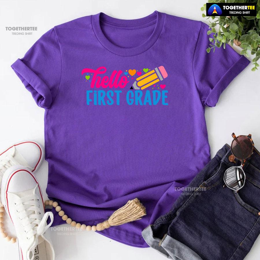 Hello First Grade 1st Grade Student Pencil Colorful Hearts Back To School T-Shirt - Image 7