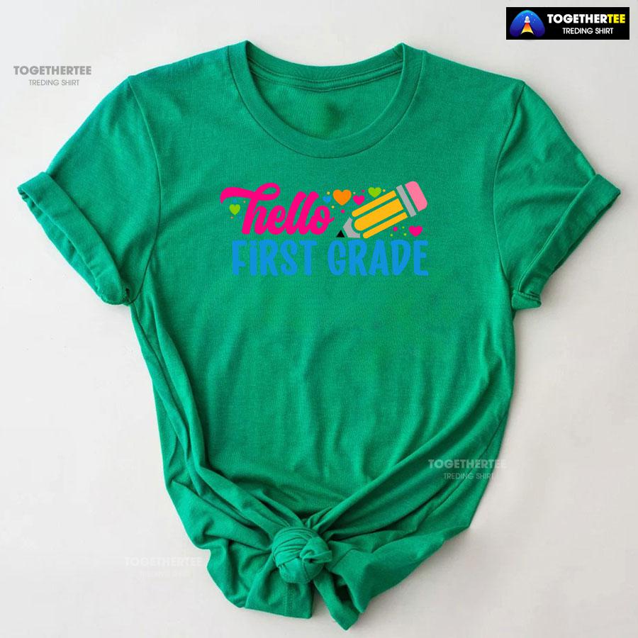Hello First Grade 1st Grade Student Pencil Colorful Hearts Back To School T-Shirt - Image 9