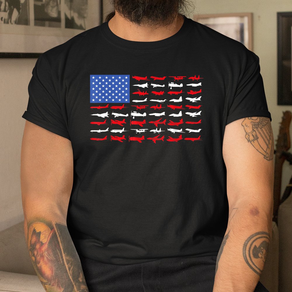 Pilot Airplane American Flag Plane Aviation Shirt - Image 3