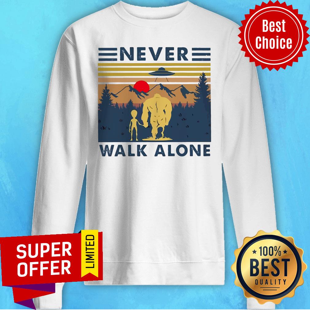 Funny Bigfoot And Alien Never Walk Alone Vintage Shirt - Image 2