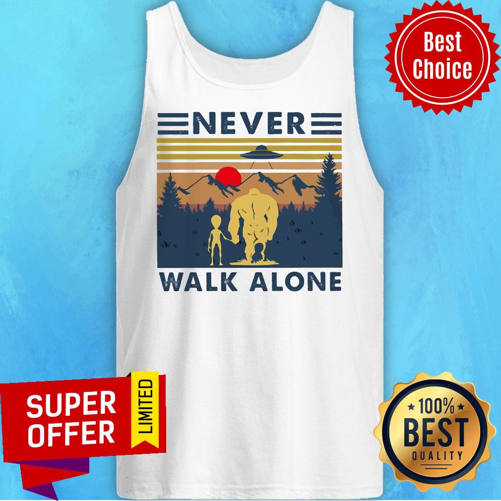 Funny Bigfoot And Alien Never Walk Alone Vintage Shirt - Image 5