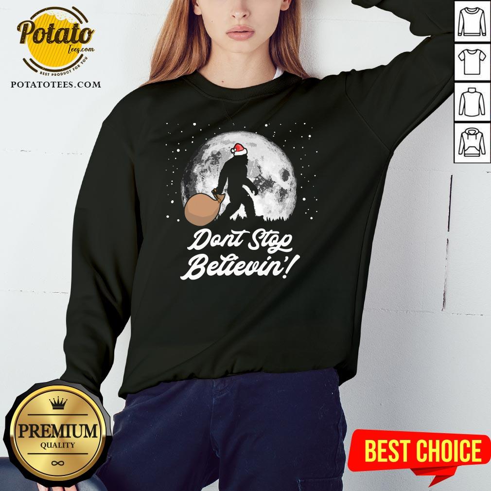 Cool Dont Stop Believin Funny Bigfoot Santa Moon Christmas Shirt - Image 5