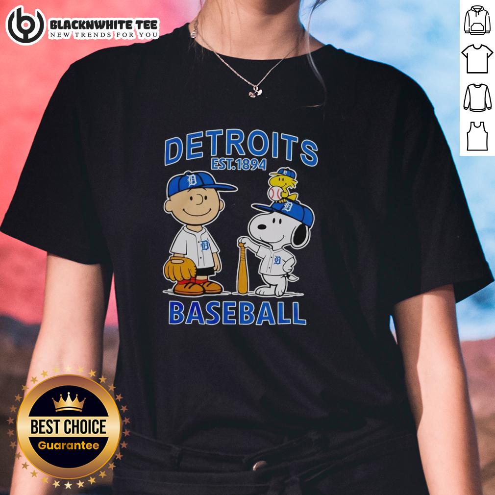 Original Snoopy And Charlie Brown X Detroit Tigers Baseball Est 1894 T-Shirt - Image 3