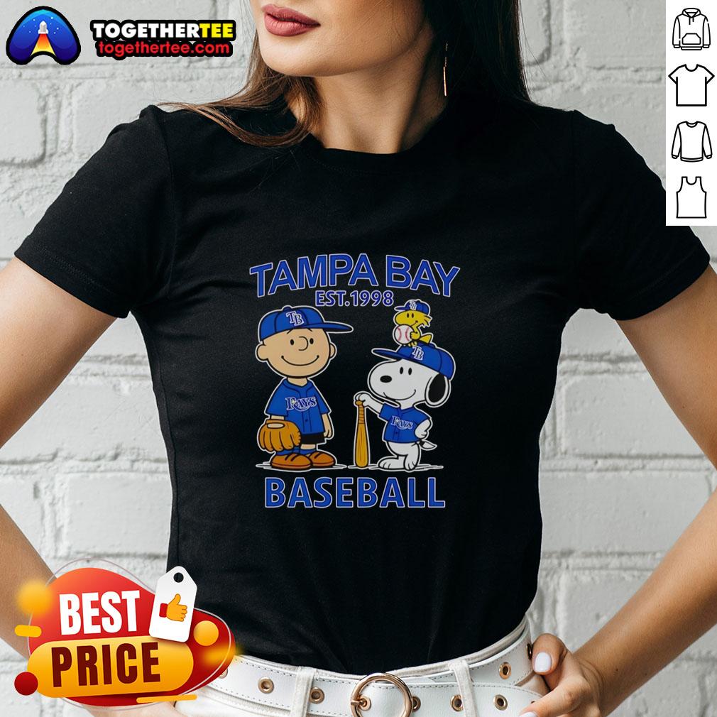 Good Charlie Brown Snoopy And Woodstock With Tampa Bay Rays Baseball Jersey Est 1998 T-Shirt - Image 3