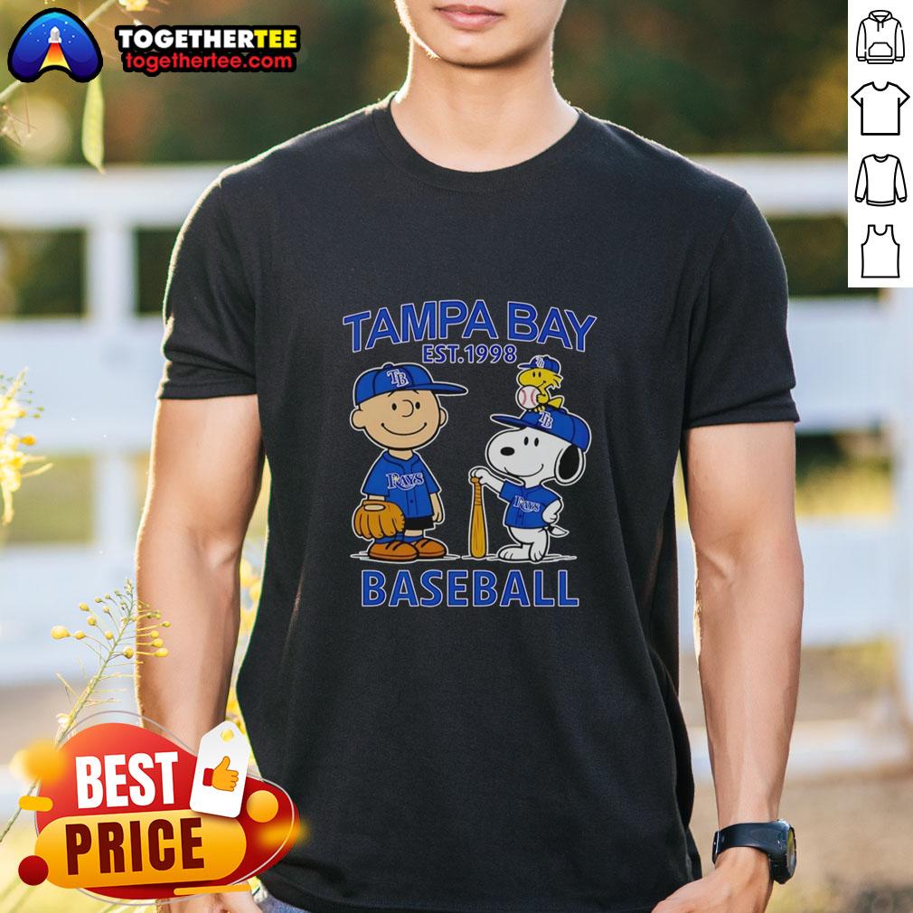 Good Charlie Brown Snoopy And Woodstock With Tampa Bay Rays Baseball Jersey Est 1998 T-Shirt