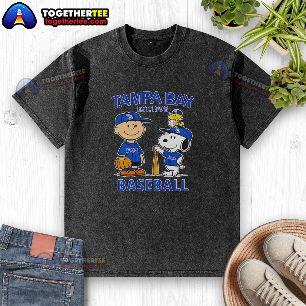 Good Charlie Brown Snoopy And Woodstock With Tampa Bay Rays Baseball Jersey Est 1998 T-Shirt - Image 6
