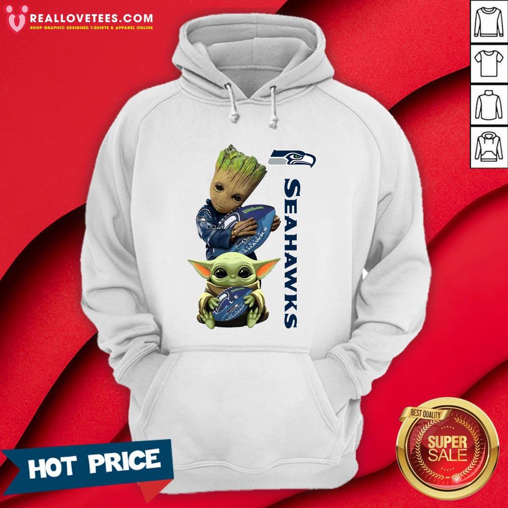 Cool Baby Groot And Baby Yoda Hug Seahawks Shirt - Image 4