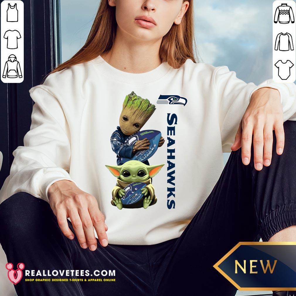 Cool Baby Groot And Baby Yoda Hug Seahawks Shirt - Image 3