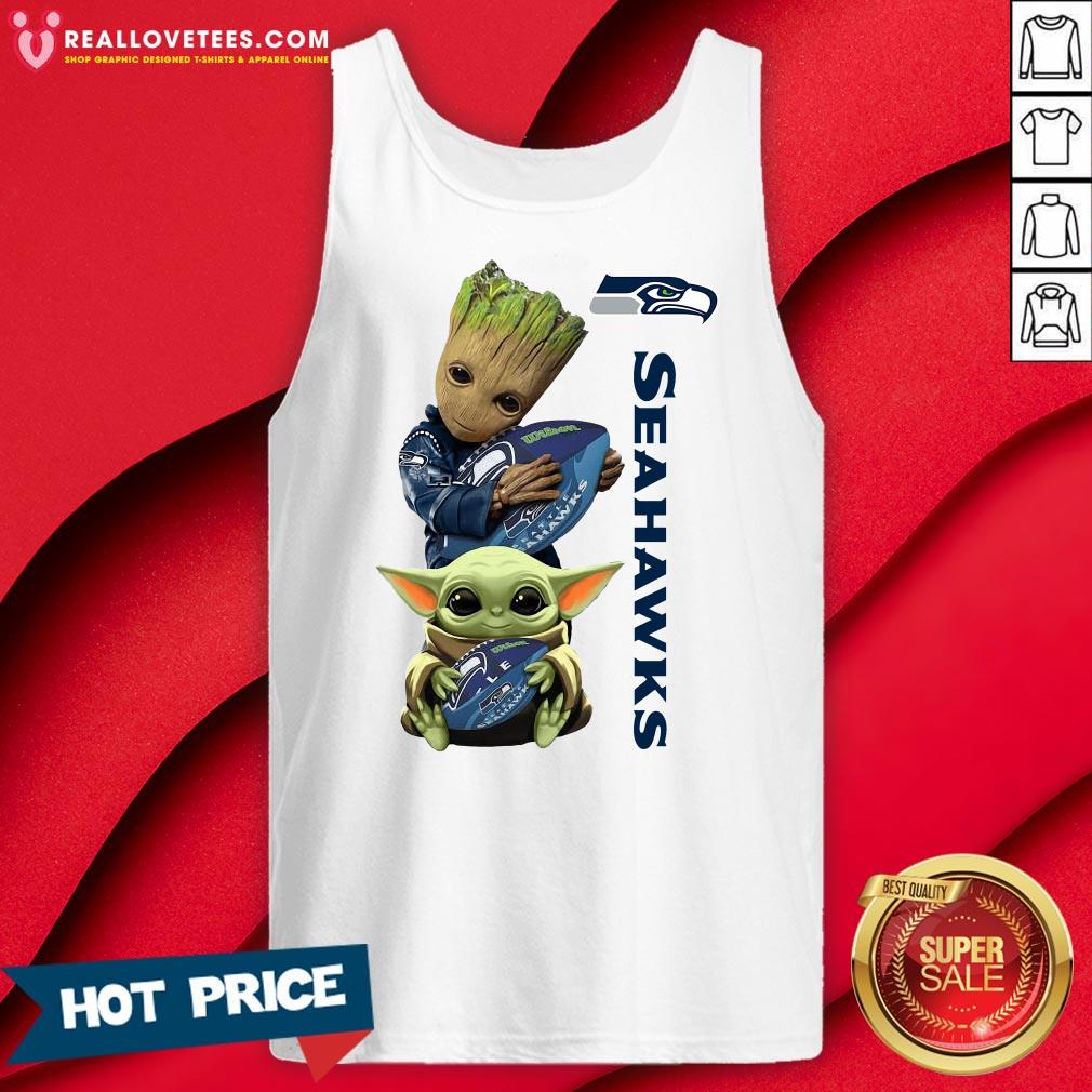 Cool Baby Groot And Baby Yoda Hug Seahawks Shirt - Image 2