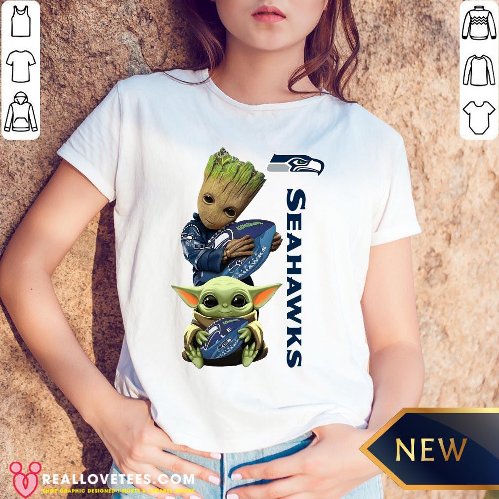 Cool Baby Groot And Baby Yoda Hug Seahawks Shirt - Image 5