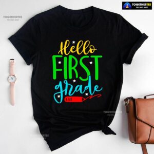 Hello First Grade 1st Grade Student Crayon Star Back To School T-Shirt