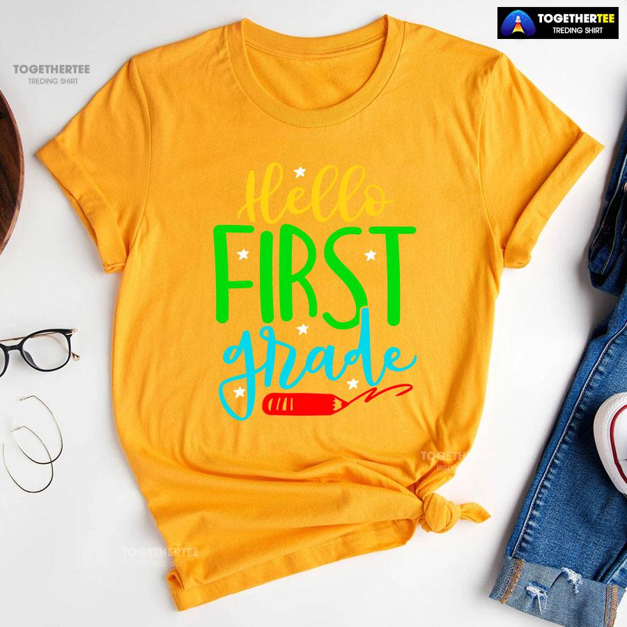 Hello First Grade 1st Grade Student Crayon Star Back To School T-Shirt - Image 10