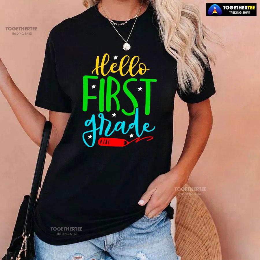 Hello First Grade 1st Grade Student Crayon Star Back To School T-Shirt - Image 2