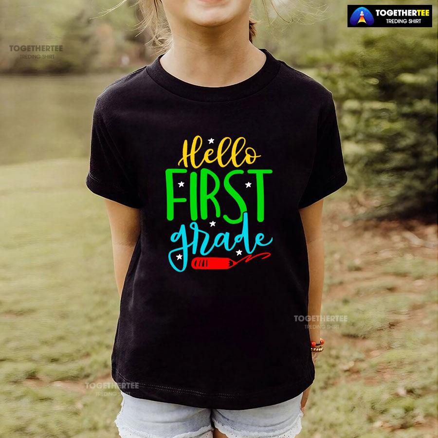 Hello First Grade 1st Grade Student Crayon Star Back To School T-Shirt - Image 3