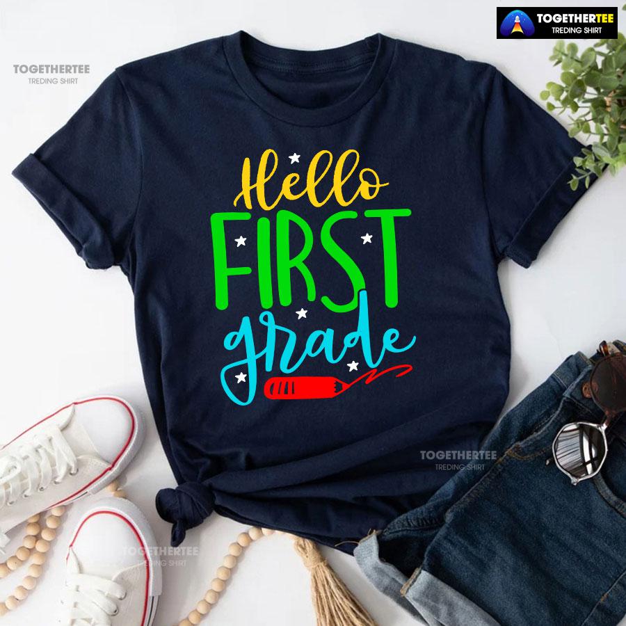 Hello First Grade 1st Grade Student Crayon Star Back To School T-Shirt - Image 4