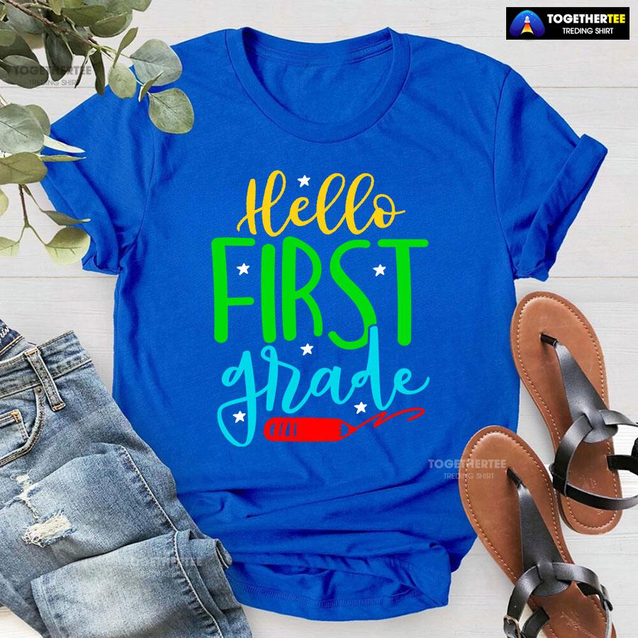 Hello First Grade 1st Grade Student Crayon Star Back To School T-Shirt - Image 5