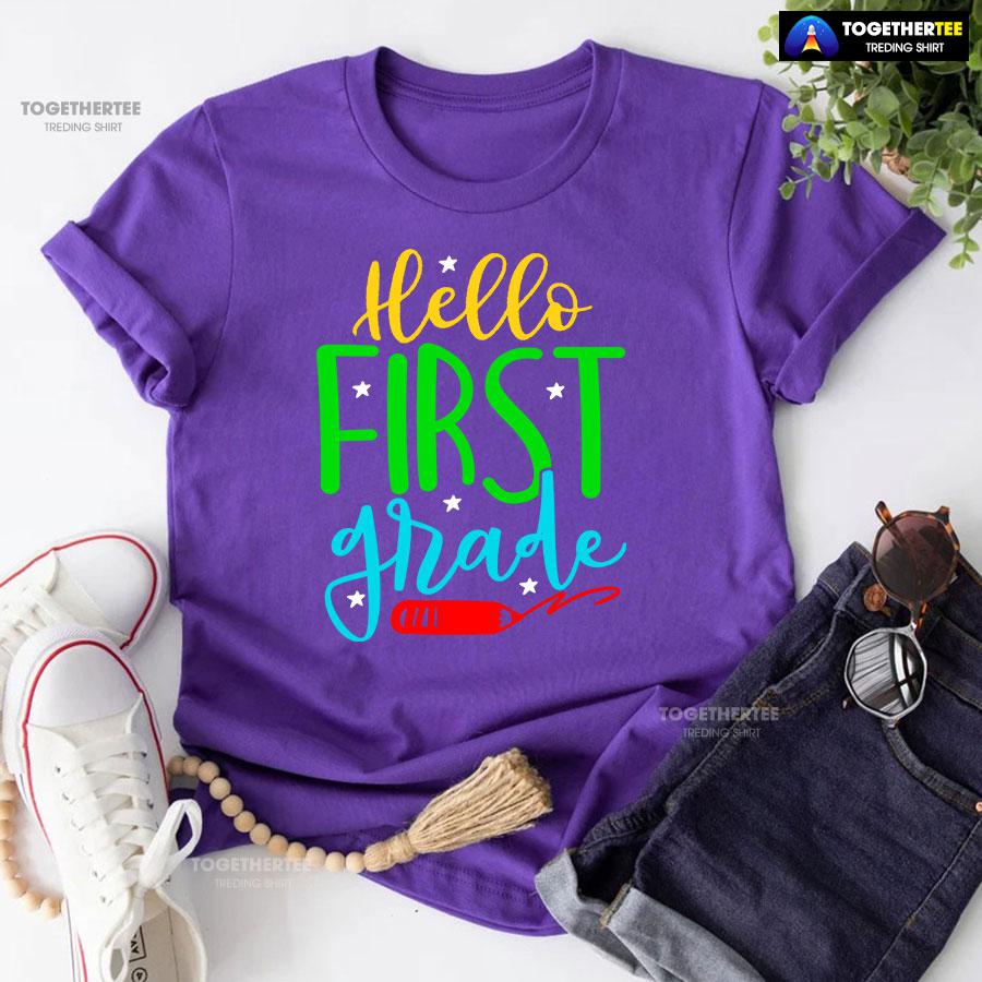 Hello First Grade 1st Grade Student Crayon Star Back To School T-Shirt - Image 6
