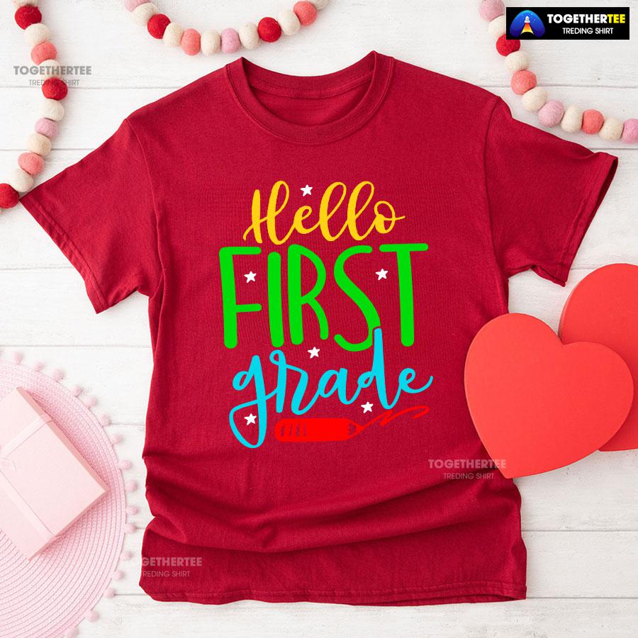 Hello First Grade 1st Grade Student Crayon Star Back To School T-Shirt - Image 7