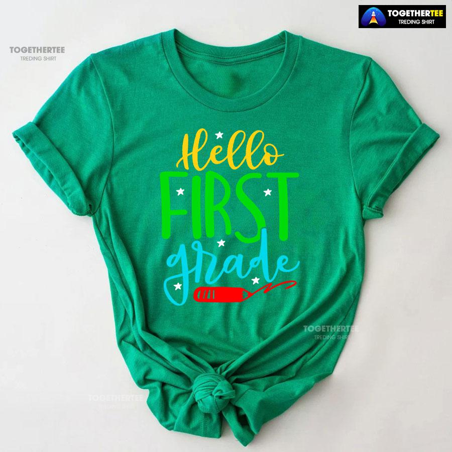 Hello First Grade 1st Grade Student Crayon Star Back To School T-Shirt - Image 8