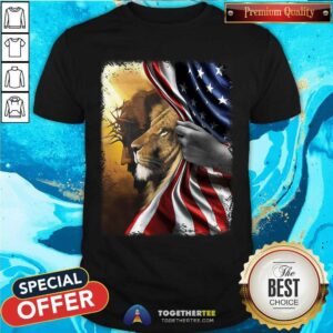 God And Lion Behind American Flag Shirt