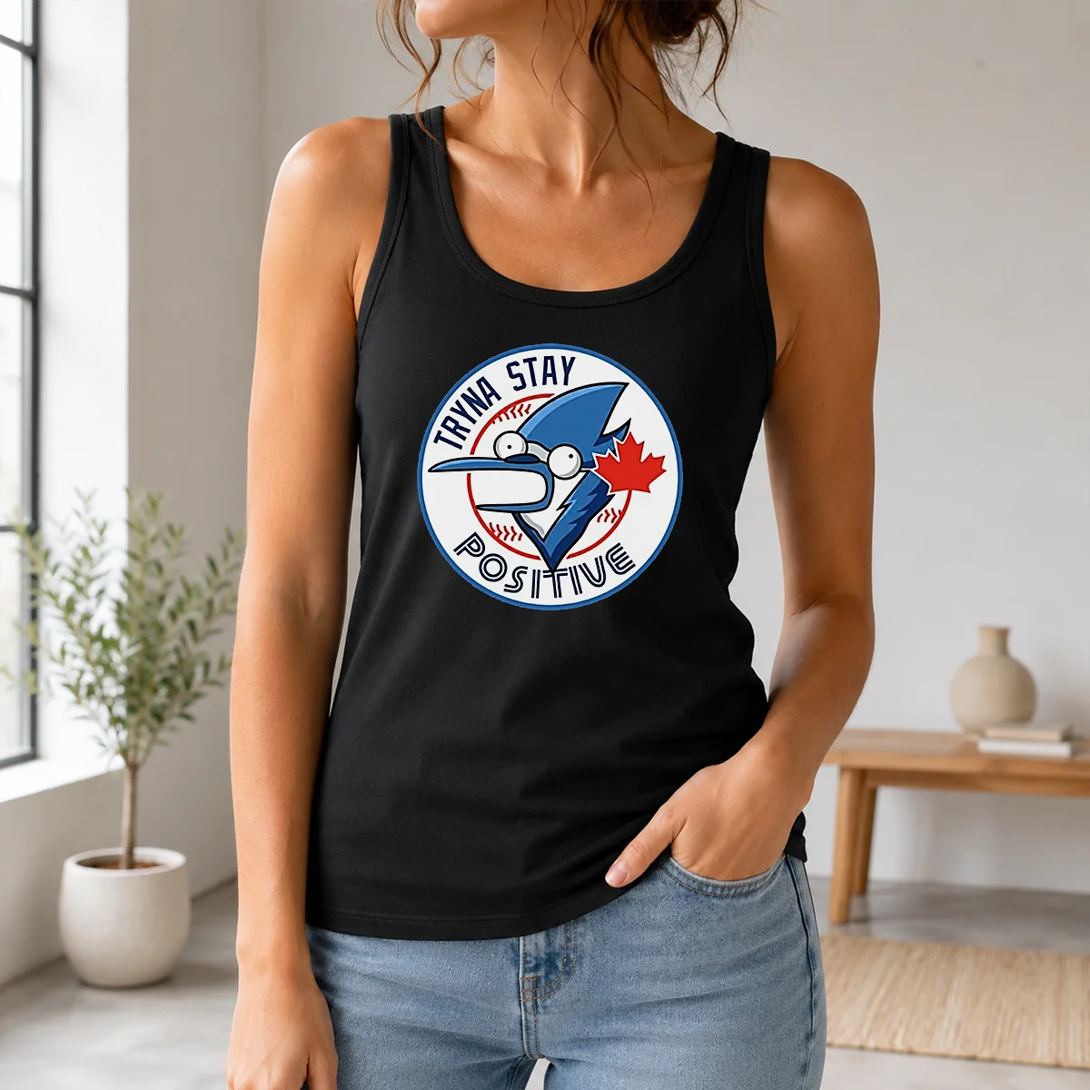Pretty Tryna Stay Positive Mordecai Regular Show Blue Jays Baseball Logo Parody Shirt - Image 3