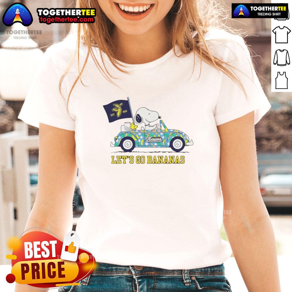 Good Snoopy And Woodstock Driving Car Let's Go Savannah Bananas T-Shirt - Image 4