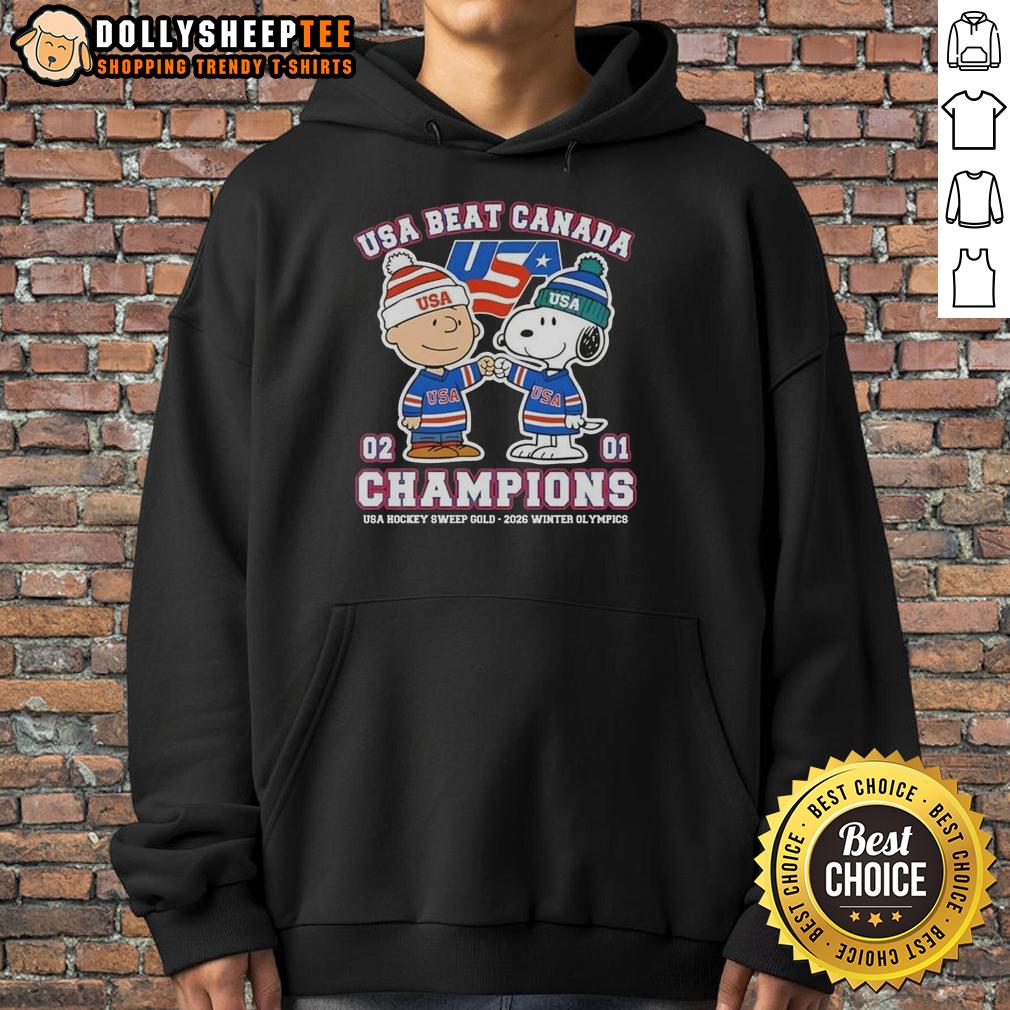 Top Charlie Brown Fist Bump Snoopy USA Beat Canada Champions USA Hockey Sweep Gold 2026 Winter Olympics T-Shirt - Image 2