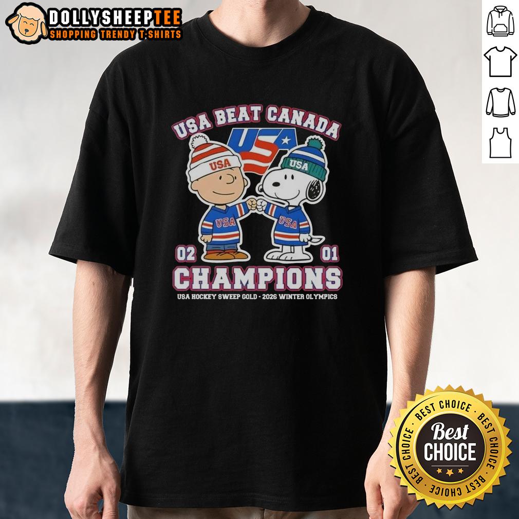 Top Charlie Brown Fist Bump Snoopy USA Beat Canada Champions USA Hockey Sweep Gold 2026 Winter Olympics T-Shirt