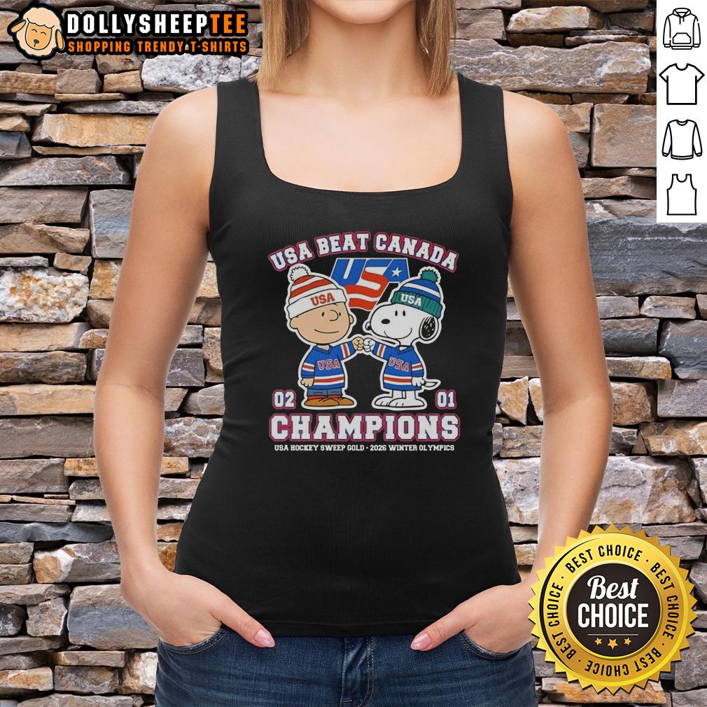 Top Charlie Brown Fist Bump Snoopy USA Beat Canada Champions USA Hockey Sweep Gold 2026 Winter Olympics T-Shirt - Image 4