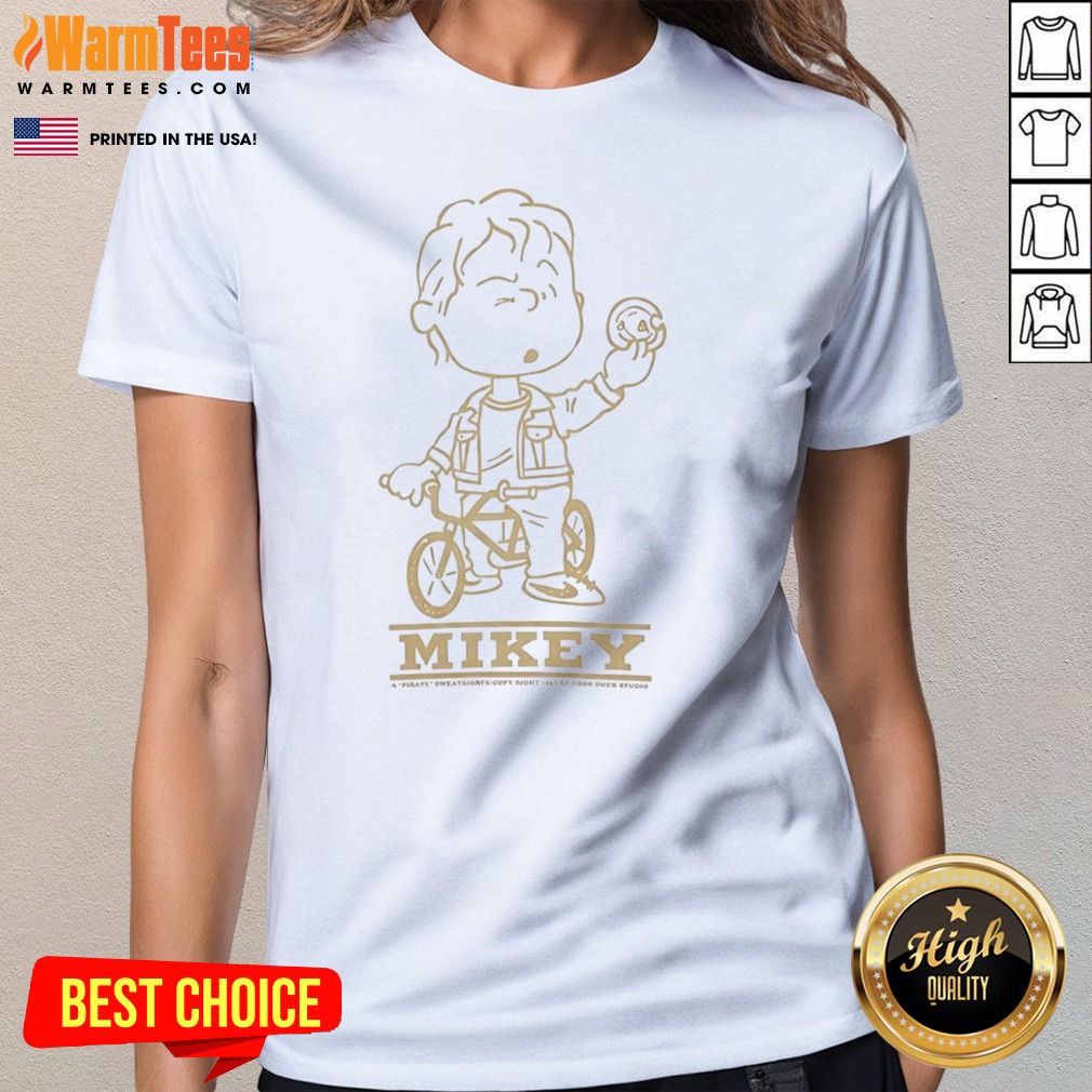 Top Mikey Goonies Character On Bmx Bike Riding With Coin Illustration Shirt - Image 3