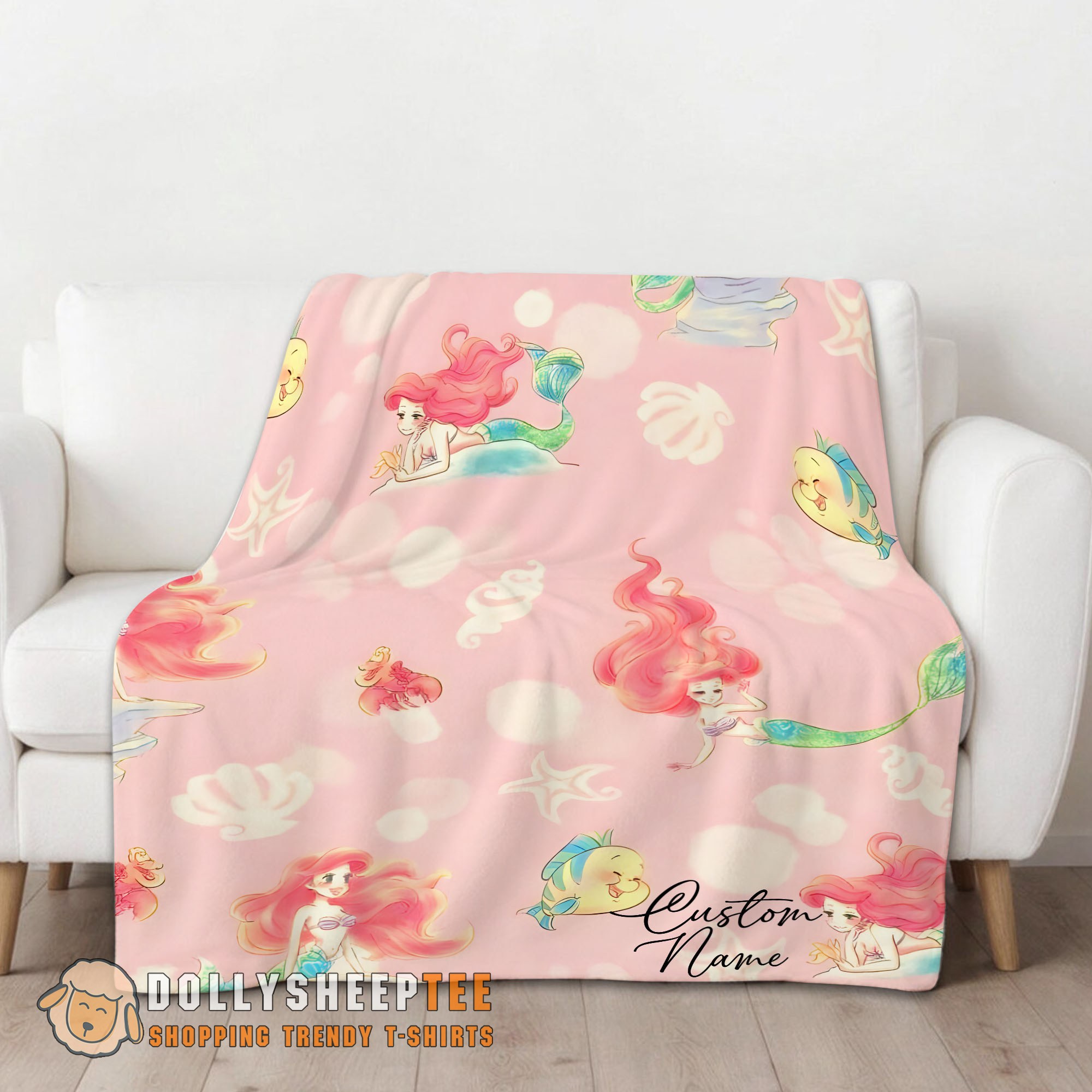 Awesome Disney The Little Mermaid & Flounder Delicate Watercolor Blanket Fleece Customized Blanket - Image 2