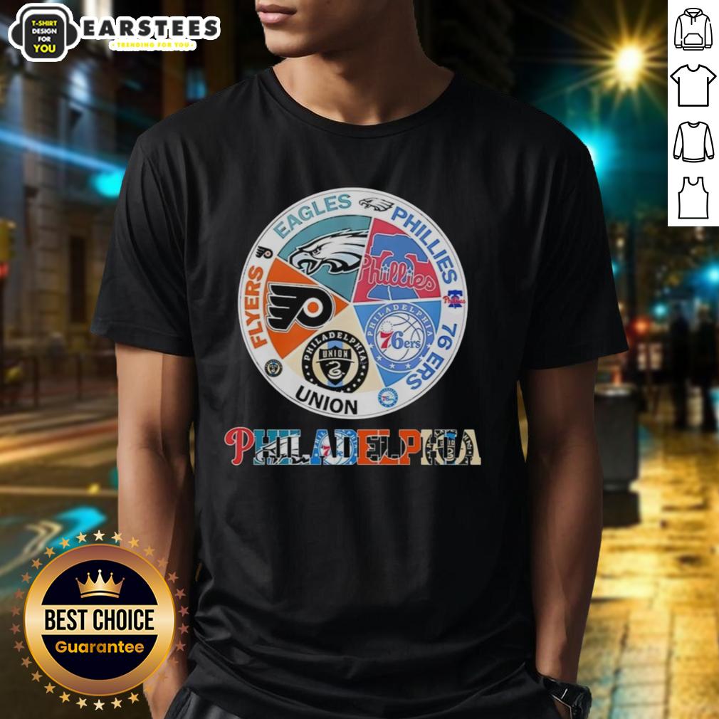 Nice Philadelphia Teams Flyers Eagles Phillies 76 Ers Union T-Shirt
