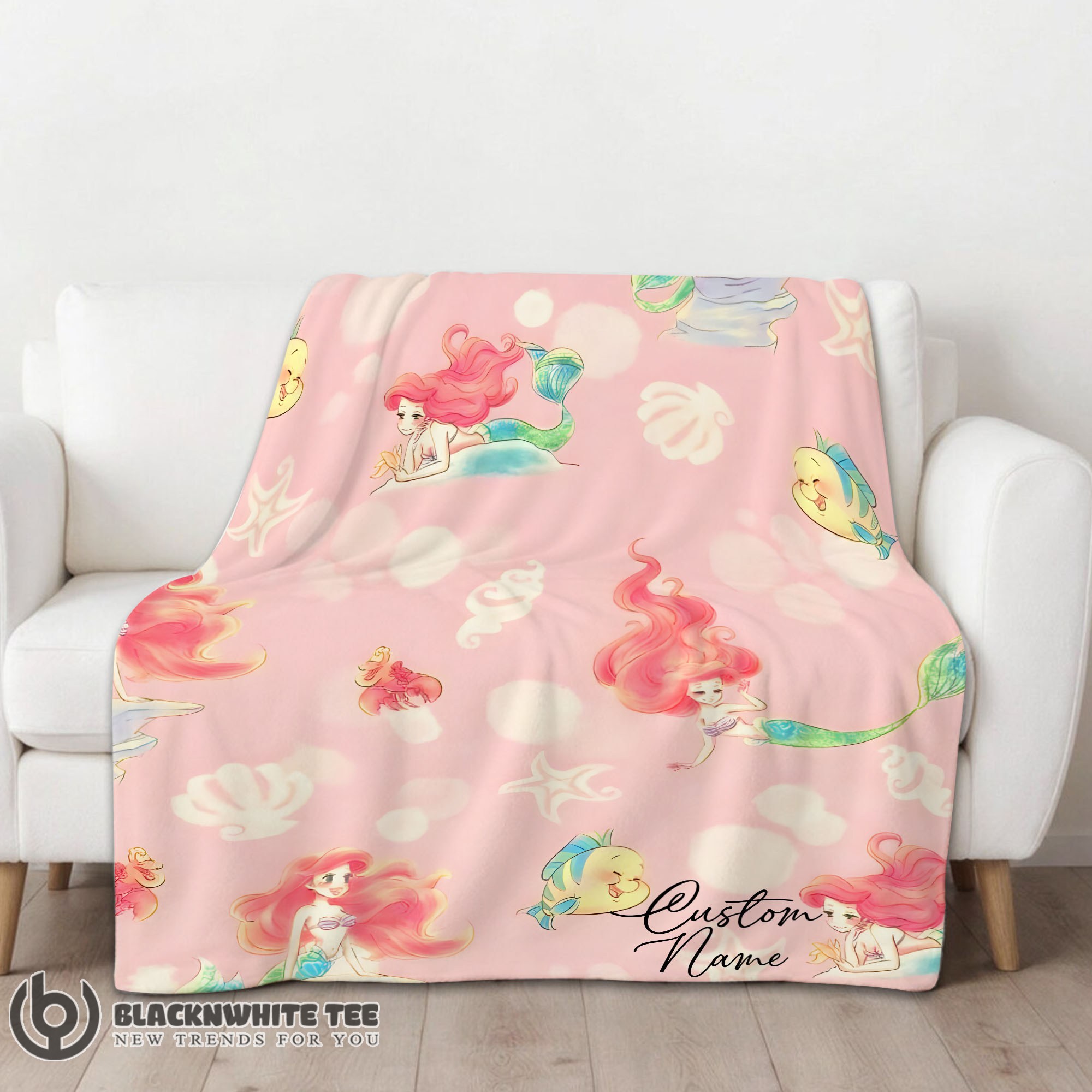 Perfect Disney The Little Mermaid & Flounder Delicate Watercolor Blanket Fleece Customized Blanket - Image 2