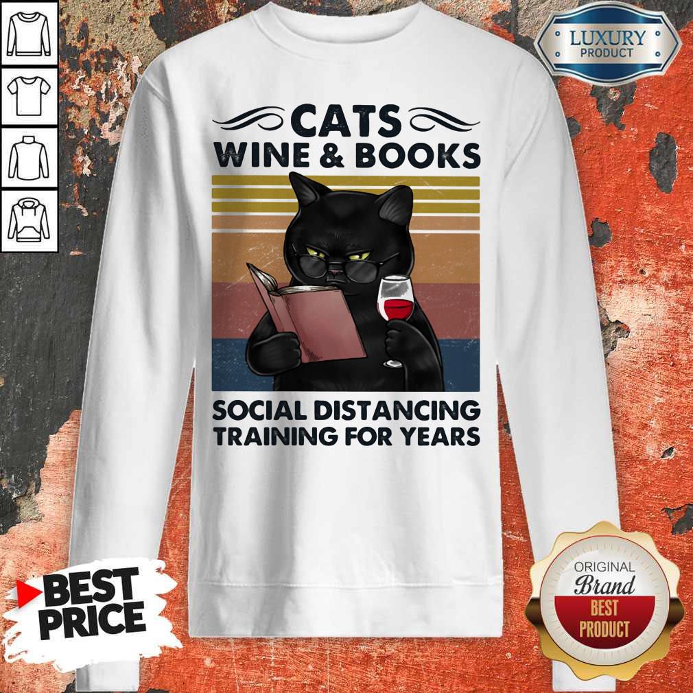 Cats Wine And Books Social Distancing Training For Years Vintage Retro Shirt