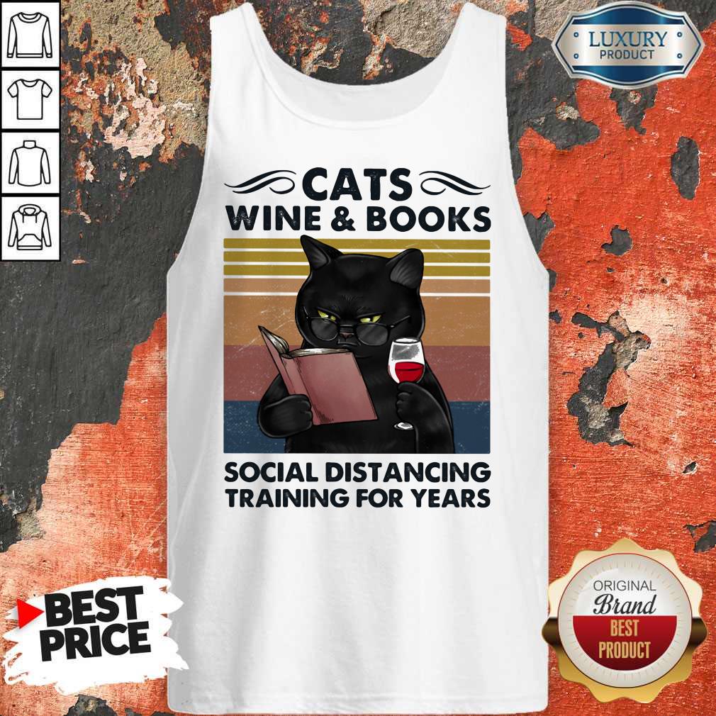 Cats Wine And Books Social Distancing Training For Years Vintage Retro Shirt - Image 4