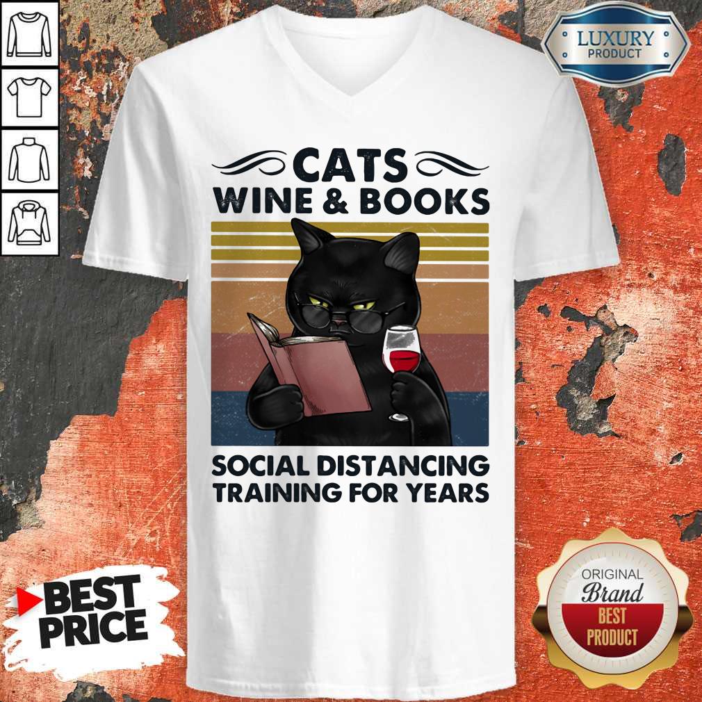 Cats Wine And Books Social Distancing Training For Years Vintage Retro Shirt - Image 3