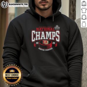 Alternative view of Premium Denver Pioneers 2026 NCAA Frozen Four Men's Ice Hockey National Champions Hockey Puck T-Shirt