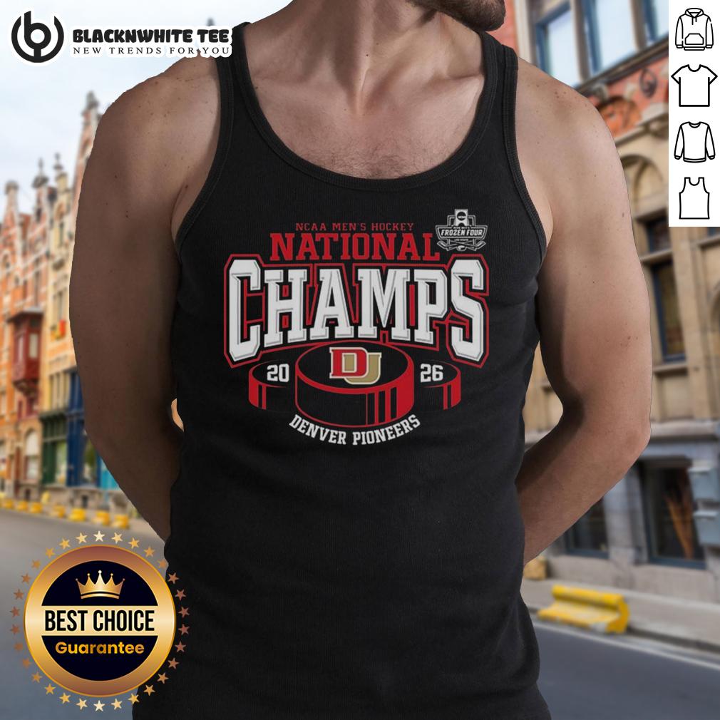Premium Denver Pioneers 2026 NCAA Frozen Four Men's Ice Hockey National Champions Hockey Puck T-Shirt - Image 4