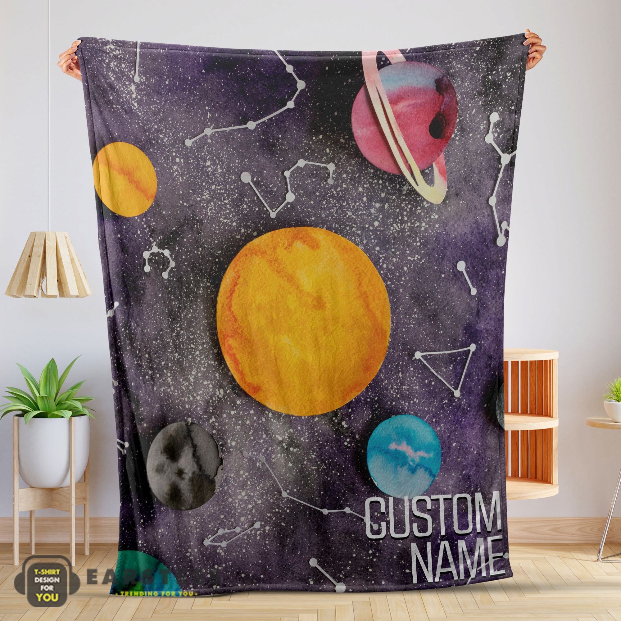 Good Outer Space Galaxy Watercolor Planets & Stars Blanket Fleece Customized Blanket