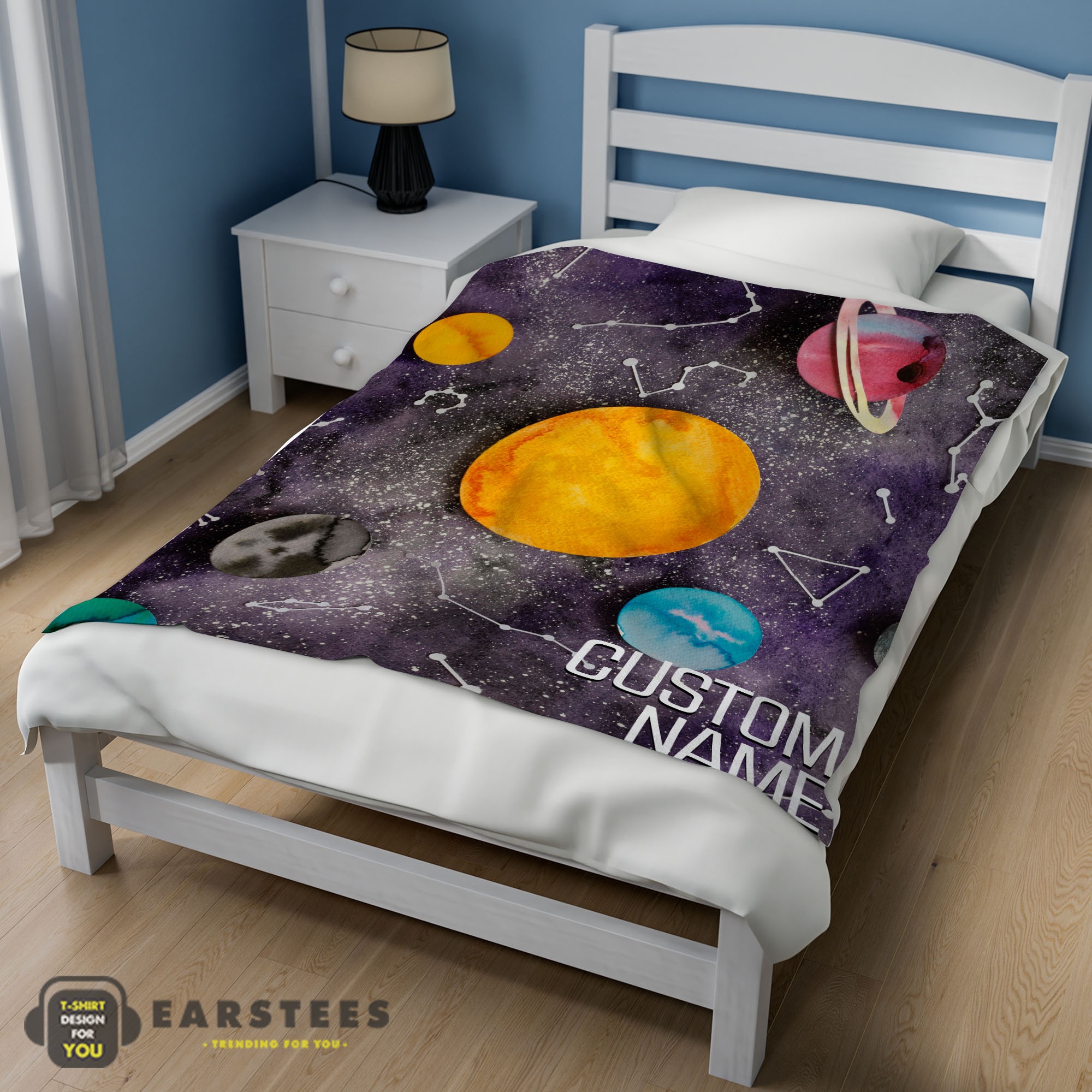 Good Outer Space Galaxy Watercolor Planets & Stars Blanket Fleece Customized Blanket - Image 3