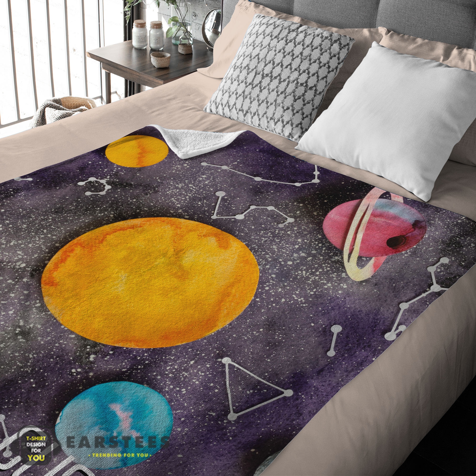 Good Outer Space Galaxy Watercolor Planets & Stars Blanket Fleece Customized Blanket - Image 2