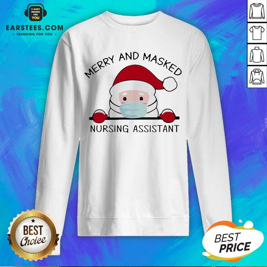 Pretty Santa Face Mask Merry And Masked Nursing Assistant Christmas Shirt - Image 5
