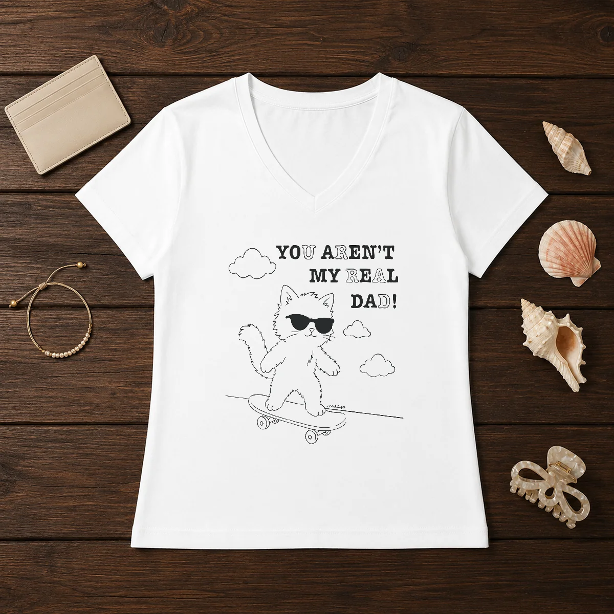 Funny You Aren'T My Real Dad Skater Cat Skateboard Shirt - Image 2